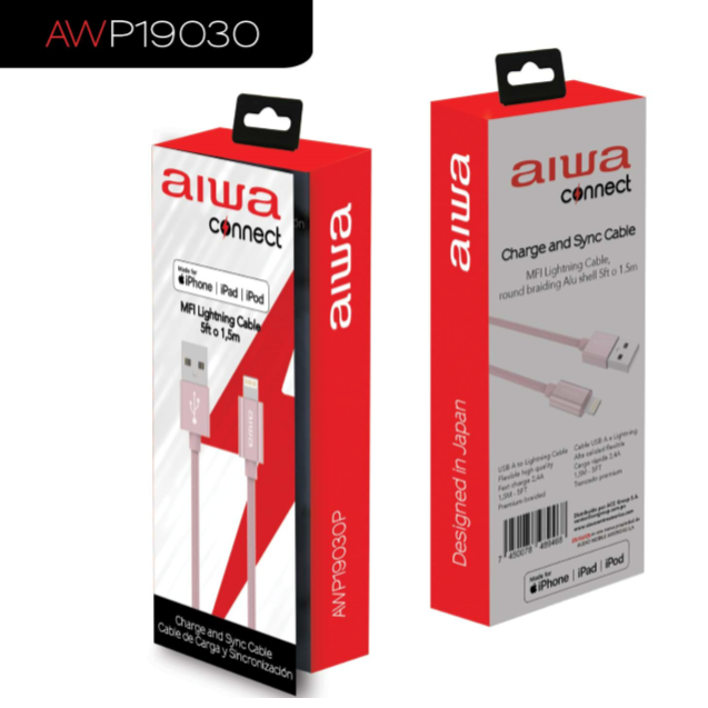 AIWA USB A/M TO LIGHTNING CABLE 5FT PINK BRAIDING