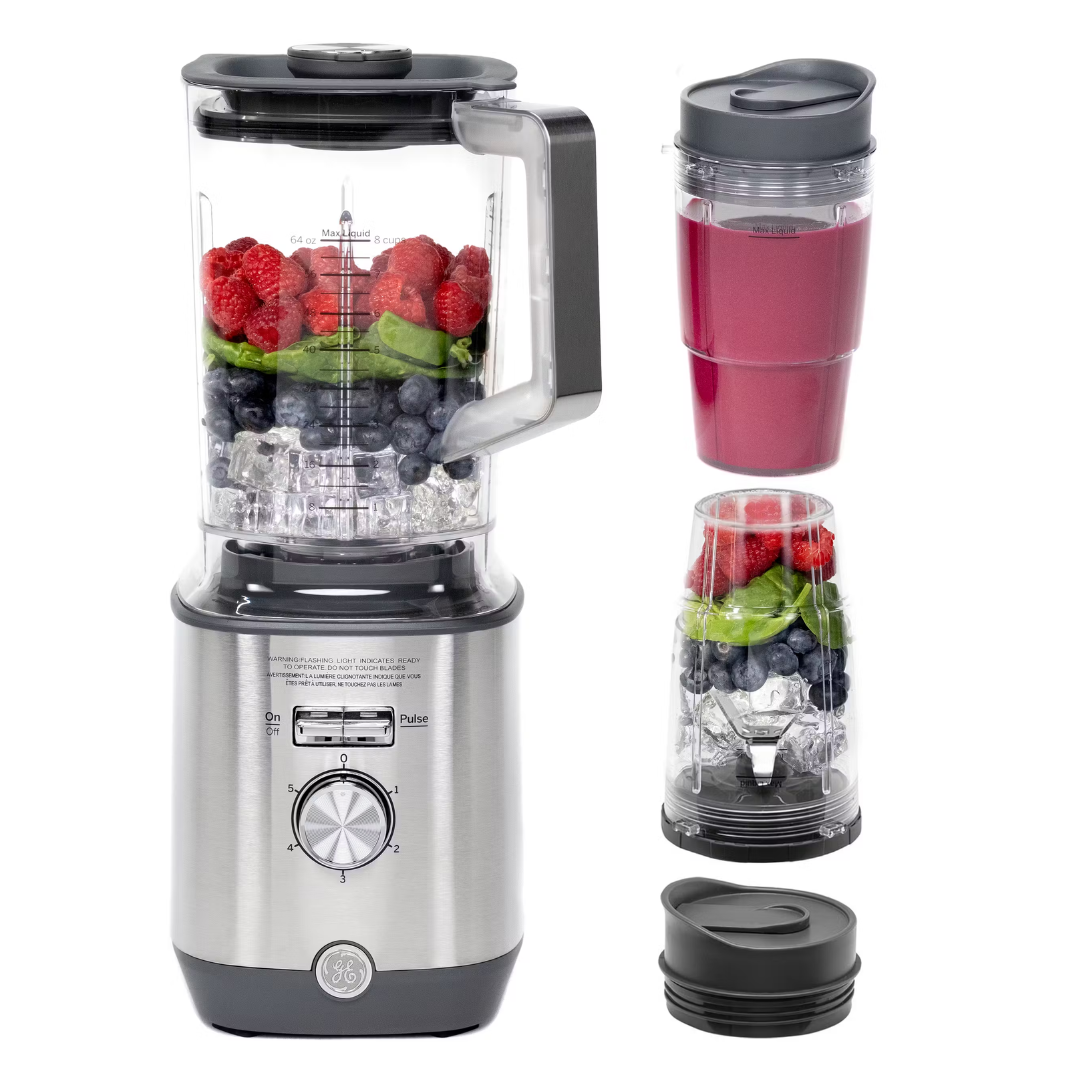 GENERAL ELECTRIC STAINLESS STEEL 64 OZ 5 SPEED BLENDER W/PERSONAL CUPS 16OZ