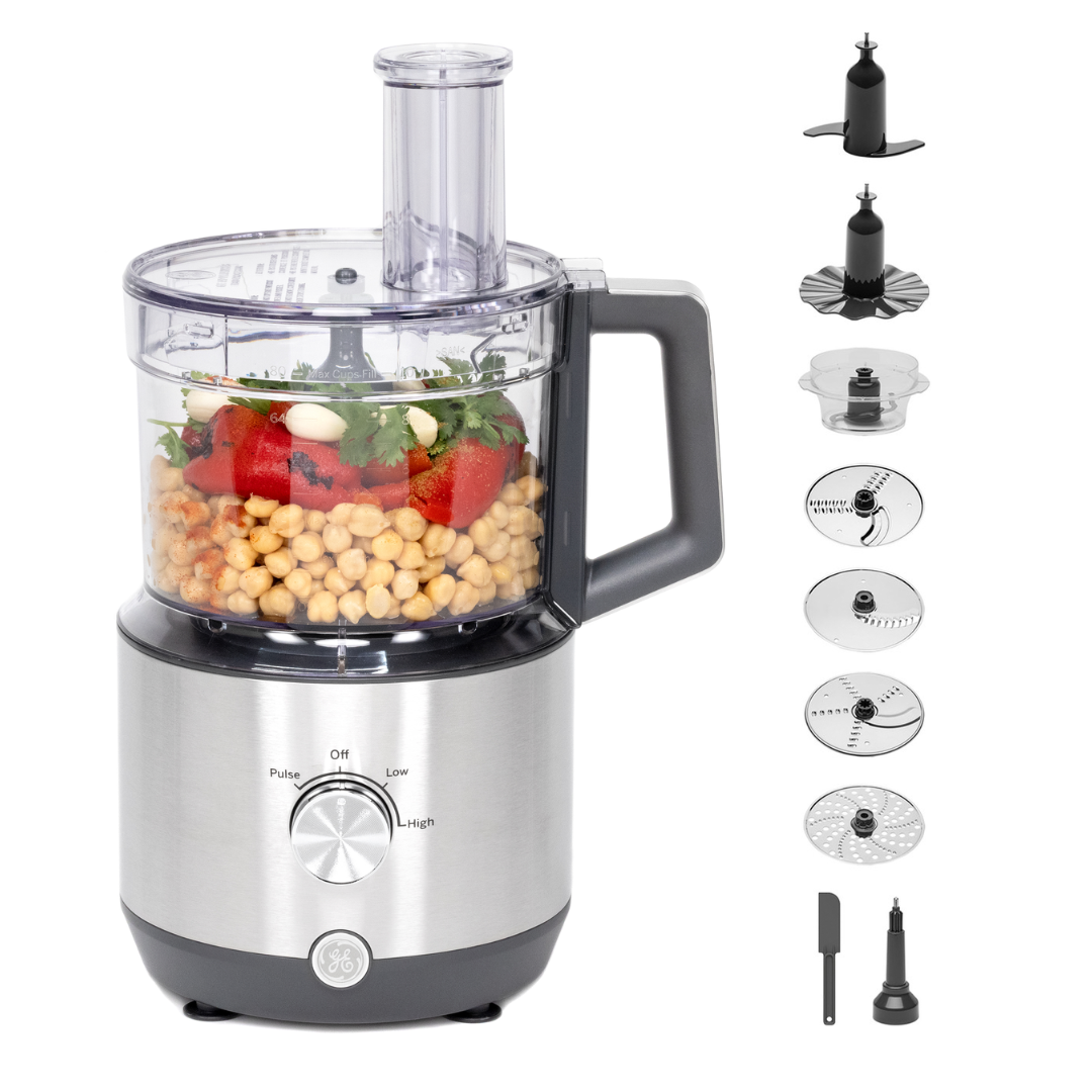 GENERAL ELECTRIC STAINLESS STEEL 12 CUP FOOD PROCESSOR W/DOUGH BLADE/EMULSIFYING DISK/GRATING DISK/MINI CHOPPER BOWL/SPATULA