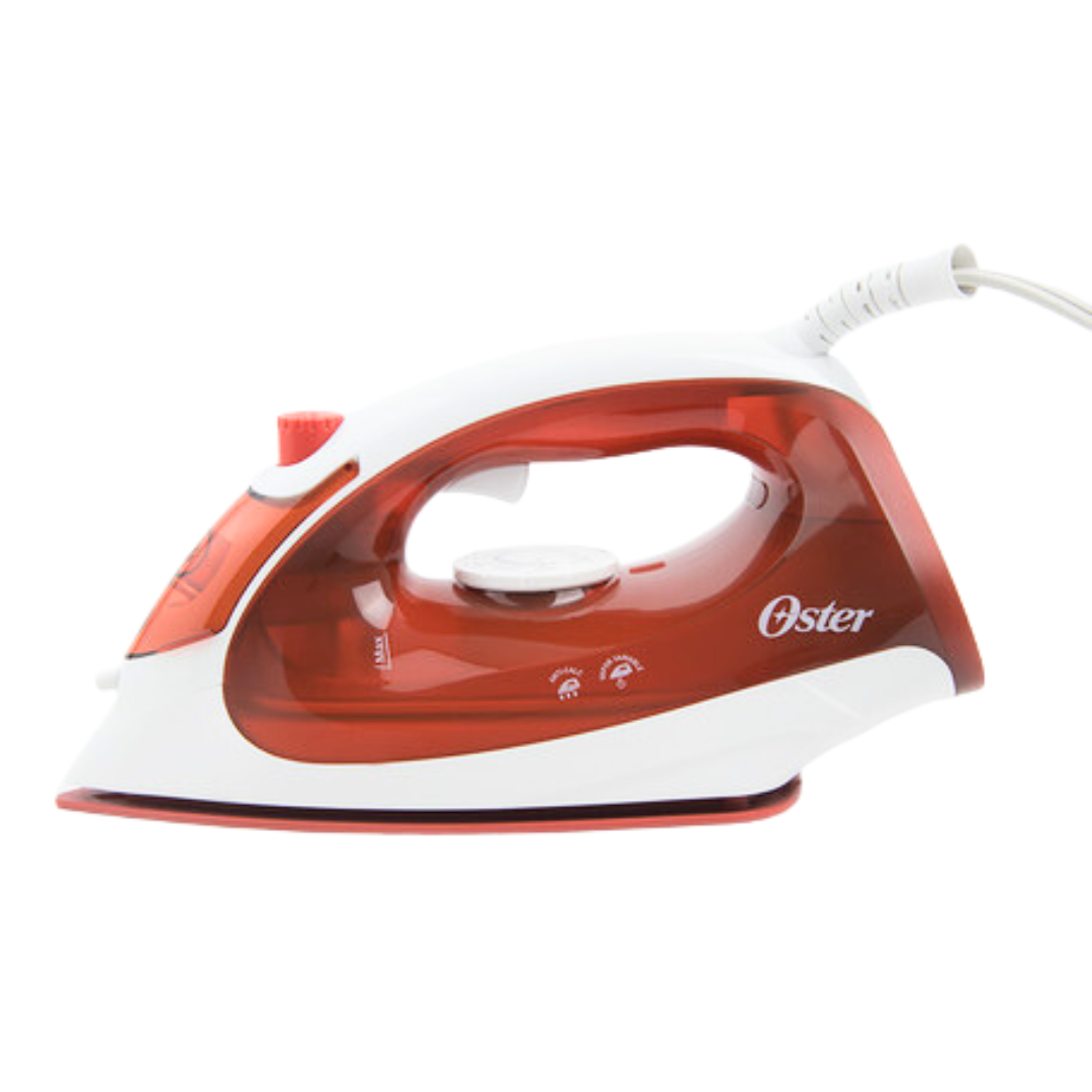 OSTER GARMENT STEAM IRON AEROCERAMIC NON-STICK SOLEPLATE WIT VERTICAL STEM, CONTINUOUS STEAM, SPRAY MIST 360 SWIVEL CORD TEMPERATURE CONTROL - RED CLAY