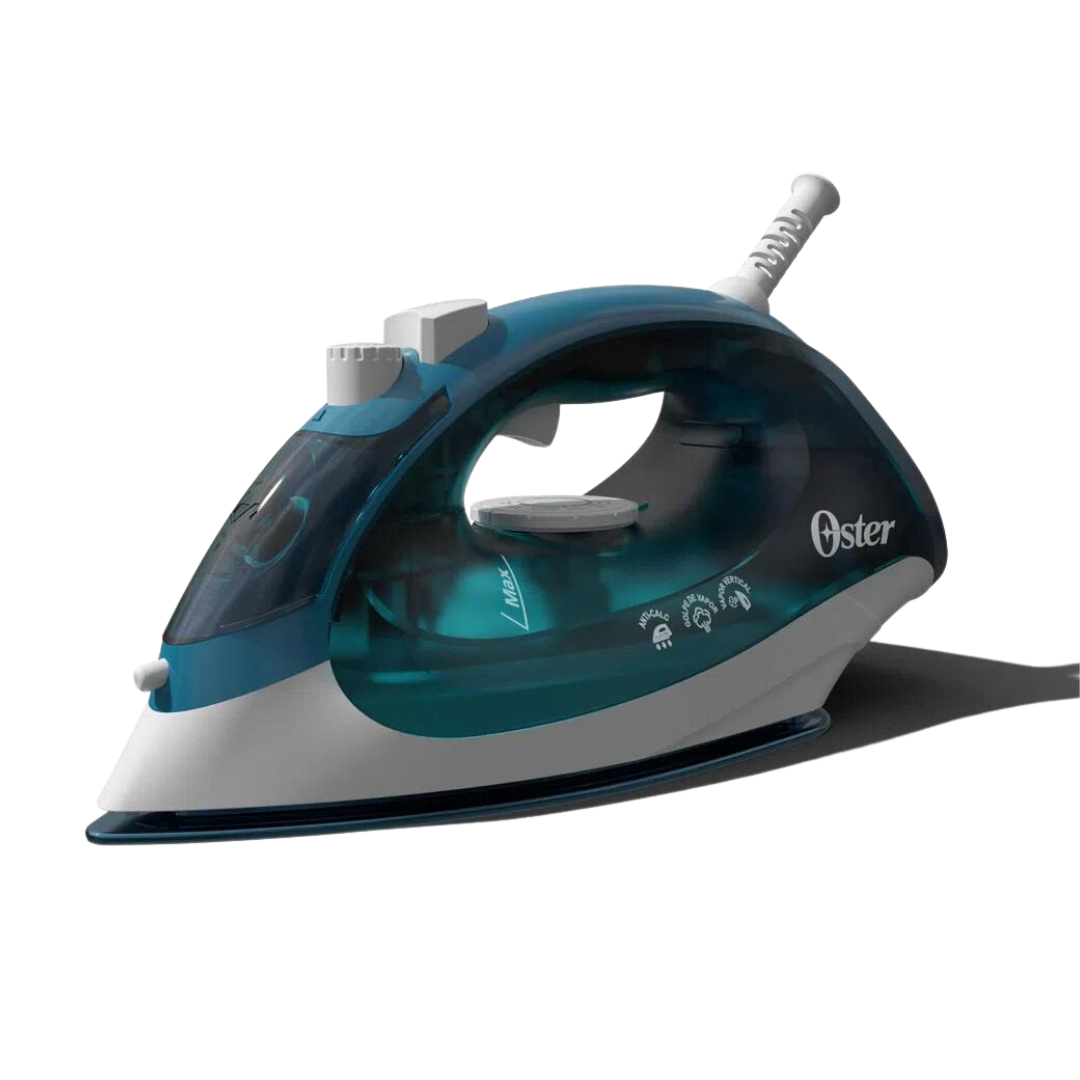 OSTER GARMENT STEAM IRON AEROCERAMIC NON-STICK SOLEPLATE WIT VERTICAL STEM, CONTINUOUS STEAM, SPRAY MIST 360 SWIVEL CORD TEMPERATURE CONTROL - LIGHT BLUE