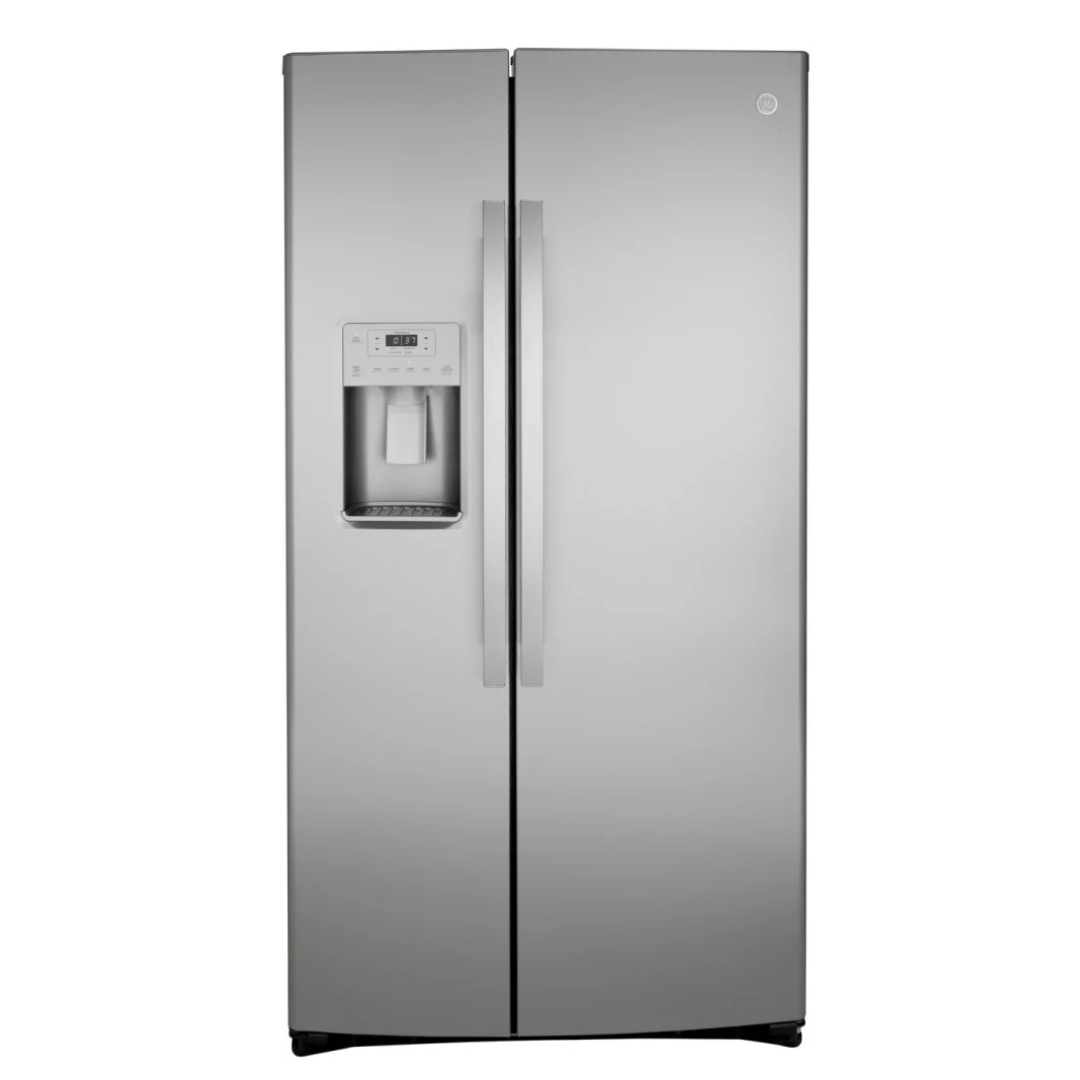 GENERAL ELECTRIC  21.8 CFT STAINLESS STEEL ICE MAKER/ WATER DISPENSER SIDE BY SIDE REFRIGERATOR AUTO DEFROST LED LIGHTING