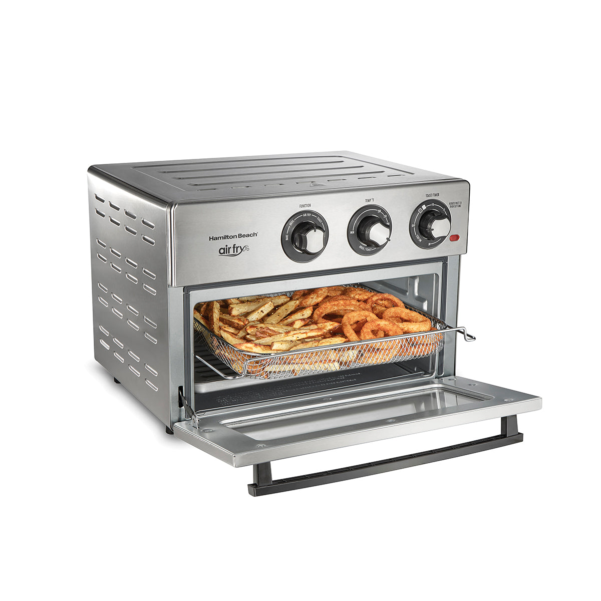 HAMILTON BEACH 21.3 LITRE AIR FRYER TOASTER OVEN 6 FUNCTION WITH METAL MESH BASKET, OVEN RACK AND SLIDE OUT CRUMB TRAY