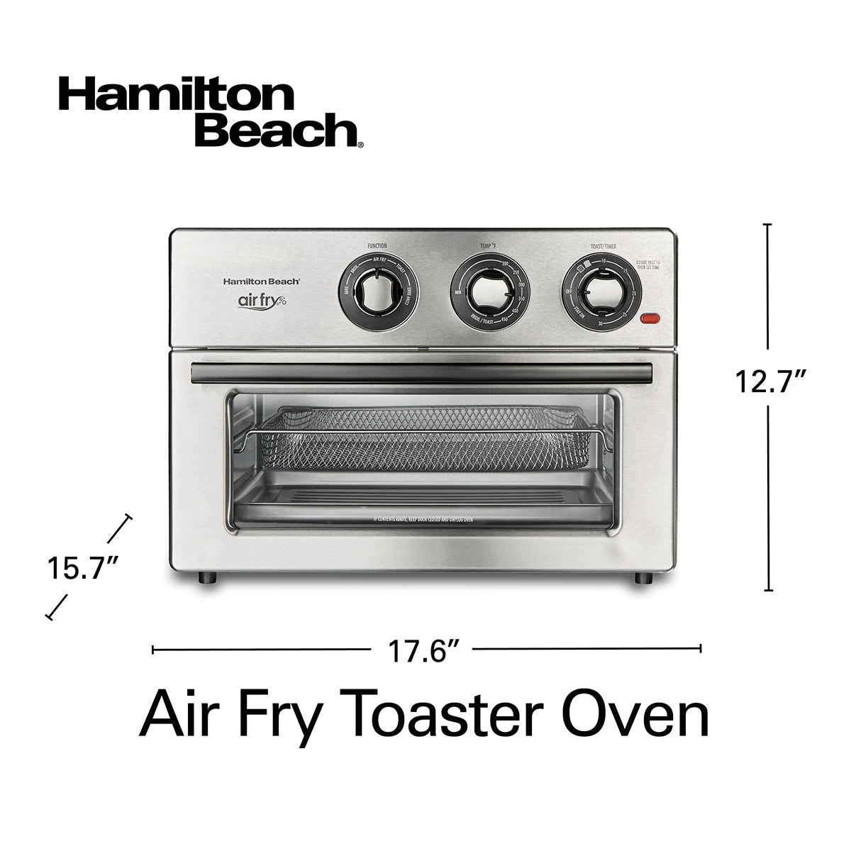 HAMILTON BEACH 21.3 LITRE AIR FRYER TOASTER OVEN 6 FUNCTION WITH METAL MESH BASKET, OVEN RACK AND SLIDE OUT CRUMB TRAY