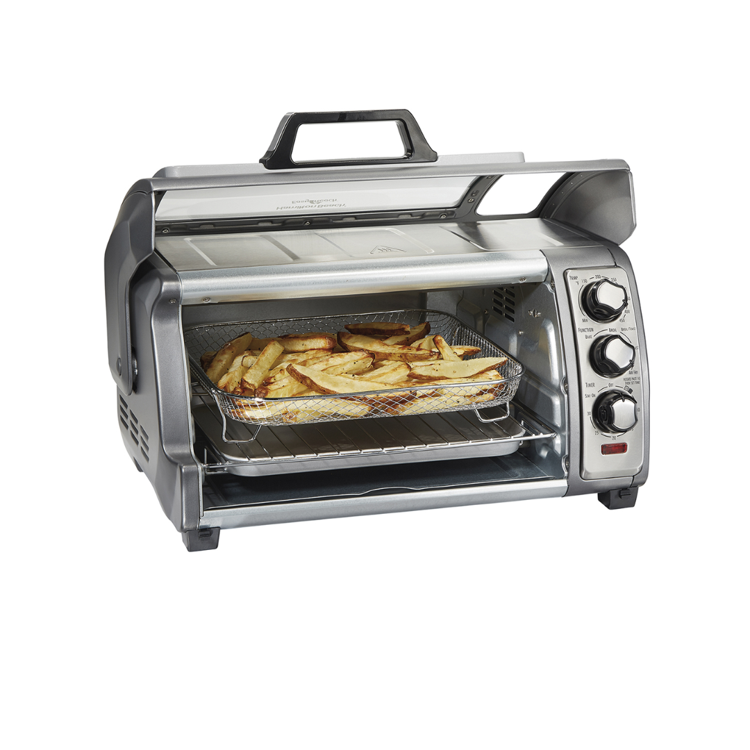 HAMILTON BEACH 6 SLICE, SURE CRISP, WITH MESH BASKET, 4 COOKING FUNCTIONS AIR FRY/BAKE, BROIL, CRUMB TRAY