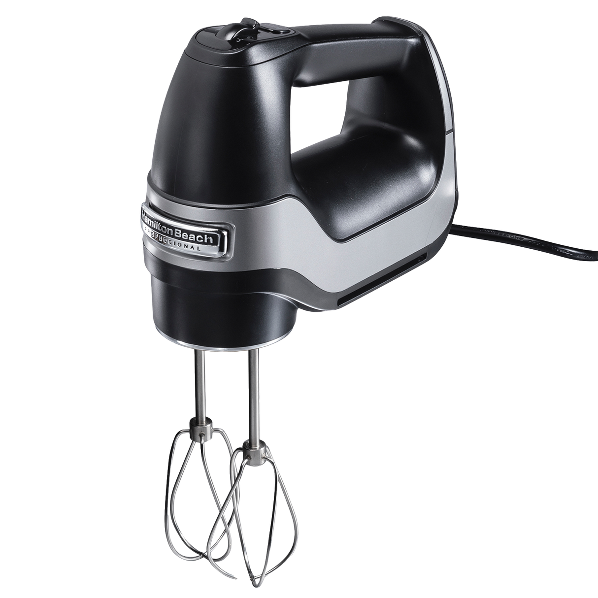 HAMILTON BEACH PROFESSIONAL 5 SPEED HAND MIXER WITH SNAP ON STORAGE CASE, BEATERS AND WHISK BLACK