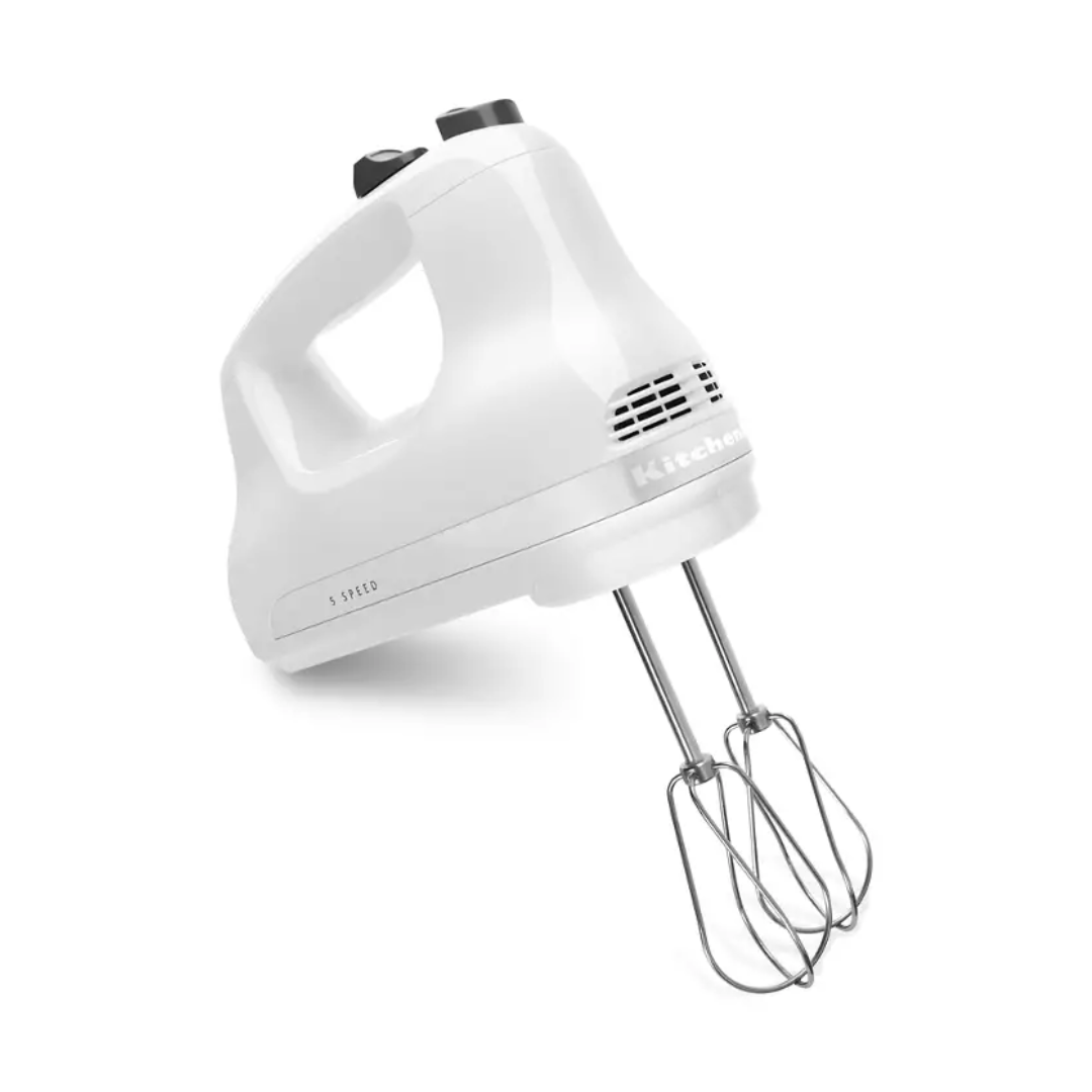 KITCHENAID WHITE 5-SPEED ULTRA POWER® HAND MIXER, BEATER EJECTOR BUTTON, LOCKABLE SWIVEL CORD, DC MOTOR. INCLUDES 2 STAINLESS STEEL TURBO BEATER™ ACCESSORIES WHITE