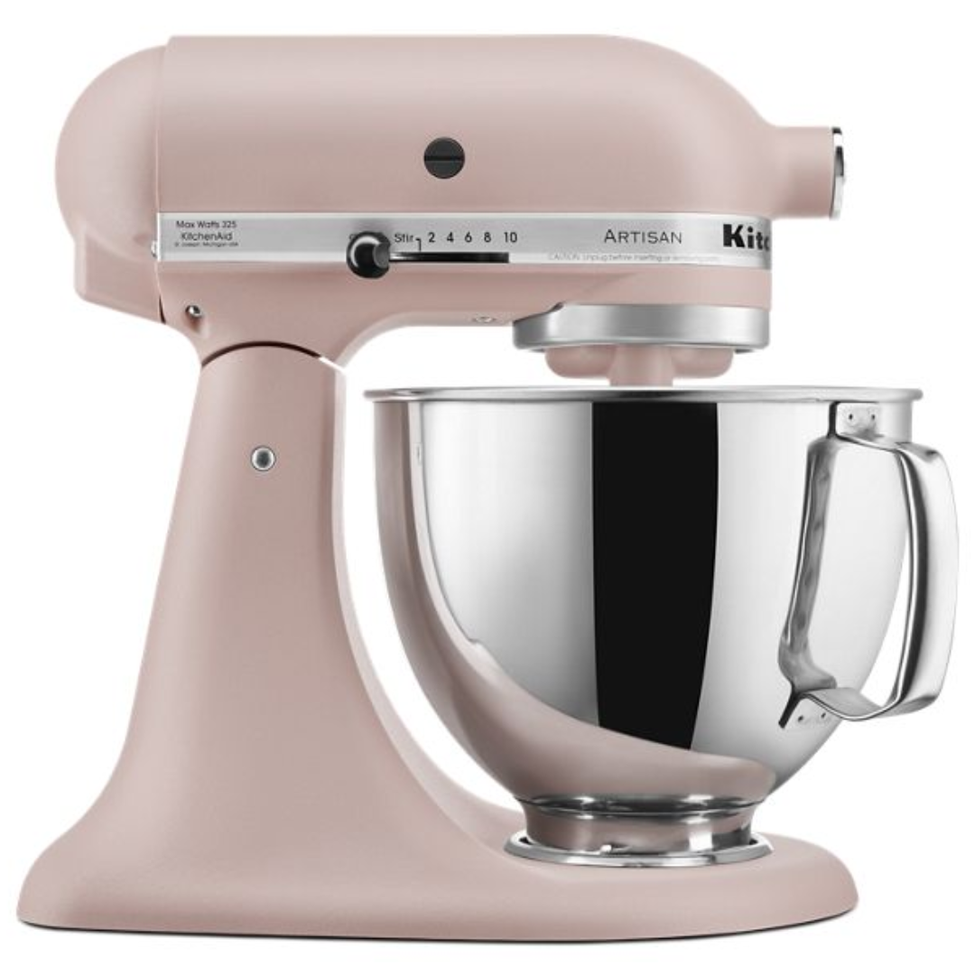 KITCHENAID FEATHER PINK ARTISAN® STAND MIXER WITH 5-QT SS BOWL W/ HANDLE, 10 SPEEDS, 325 WATTS. INCLUDES A POURING SHIELD, COATED FLAT BEATER, COATED DOUGH HOOK AND 6-WIRE WHIP