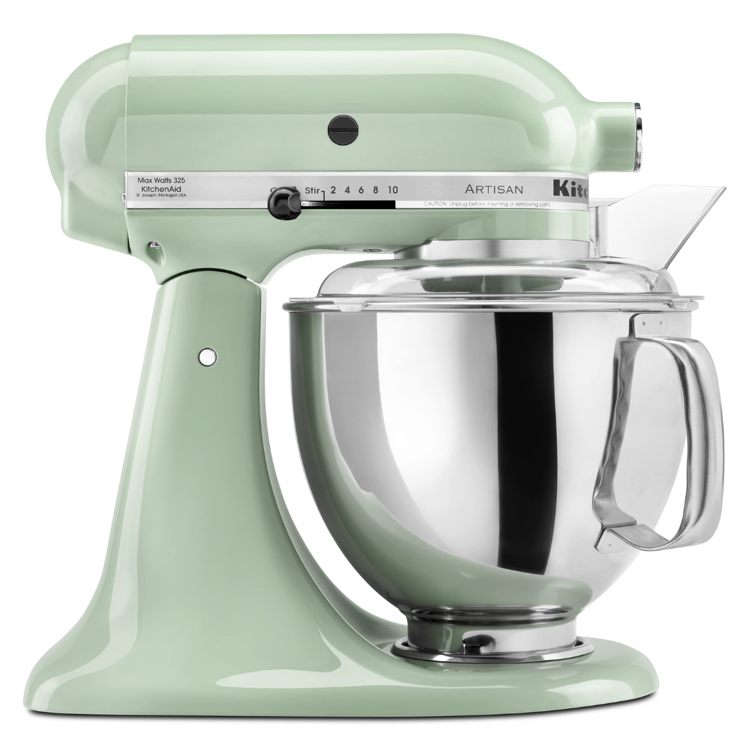 KITCHENAID PISTACHIO ARTISAN® STAND MIXER WITH 5-QT SS BOWL W/ HANDLE, 10 SPEEDS, 325 WATTS. INCLUDES A POURING SHIELD, COATED FLAT BEATER, COATED DOUGH HOOK AND 6-WIRE WHIP