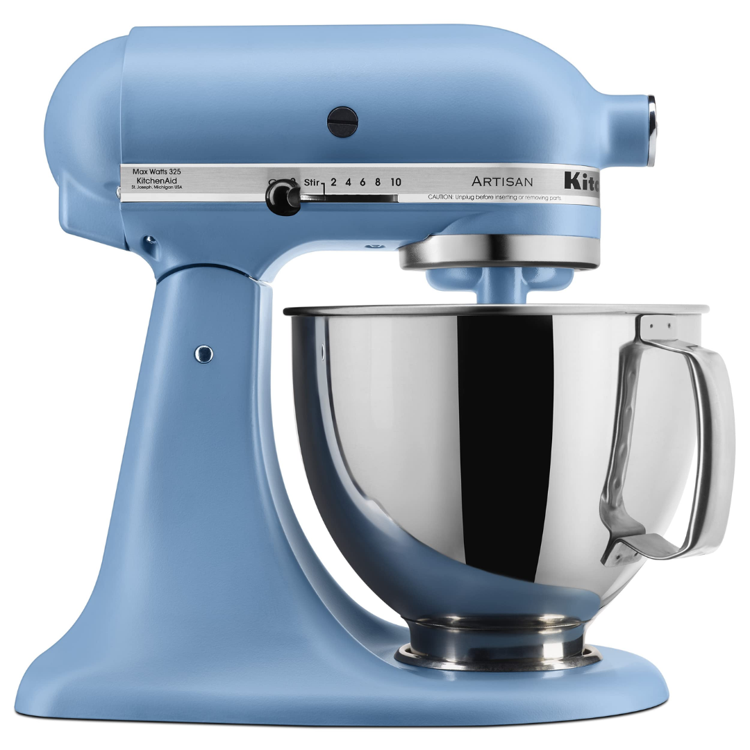 KITCHENAID BLUE VELVET ARTISAN® STAND MIXER WITH 5-QT SS BOWL W/ HANDLE, 10 SPEEDS, 325 WATTS. INCLUDES A POURING SHIELD, COATED FLAT BEATER, COATED DOUGH HOOK AND 6-WIRE WHIP