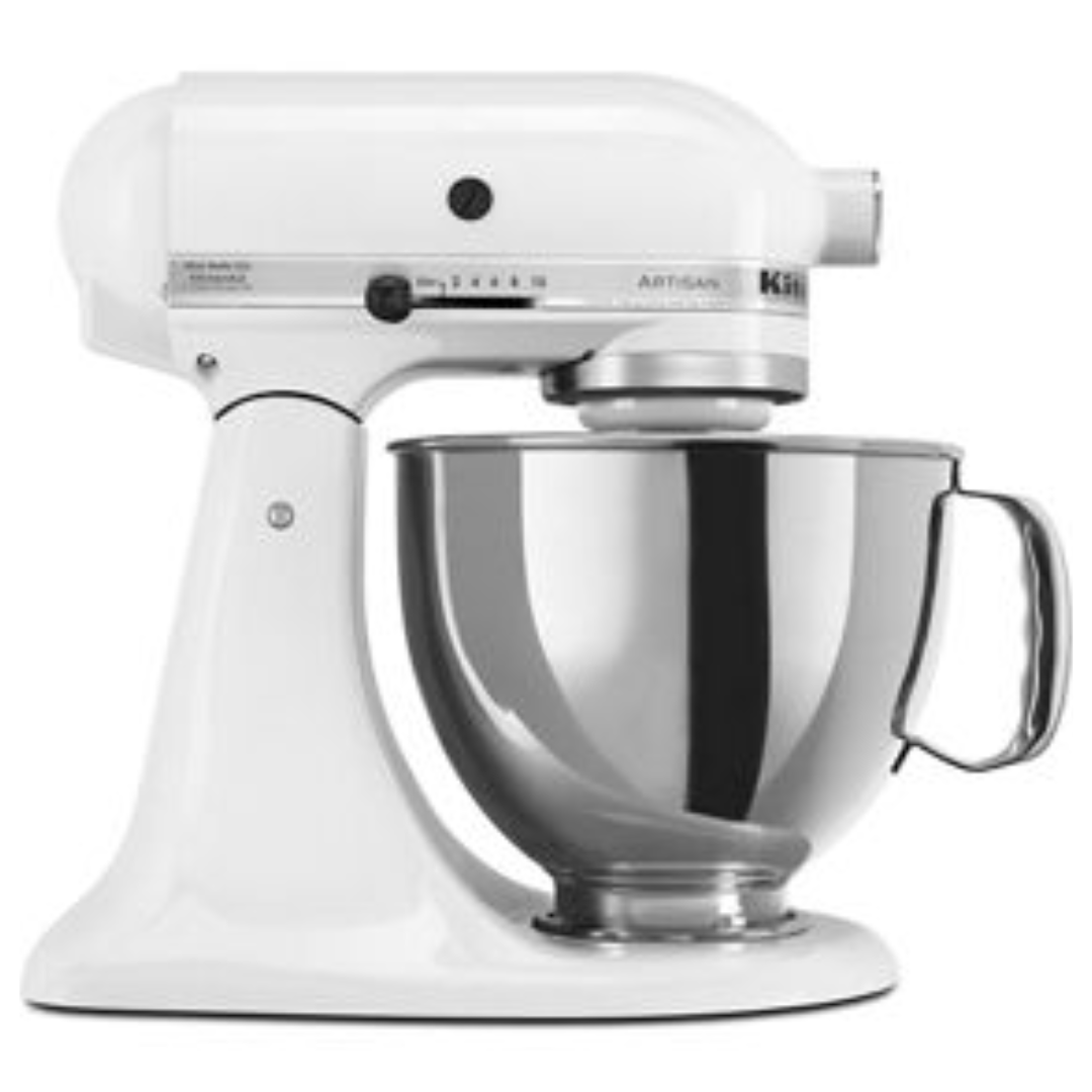 KITCHENAID WHITE ARTISAN® STAND MIXER WITH 5-QT SS BOWL W/ HANDLE, 10 SPEEDS, 325 WATTS. INCLUDES A POURING SHIELD, COATED FLAT BEATER, COATED DOUGH HOOK AND 6-WIRE WHIP