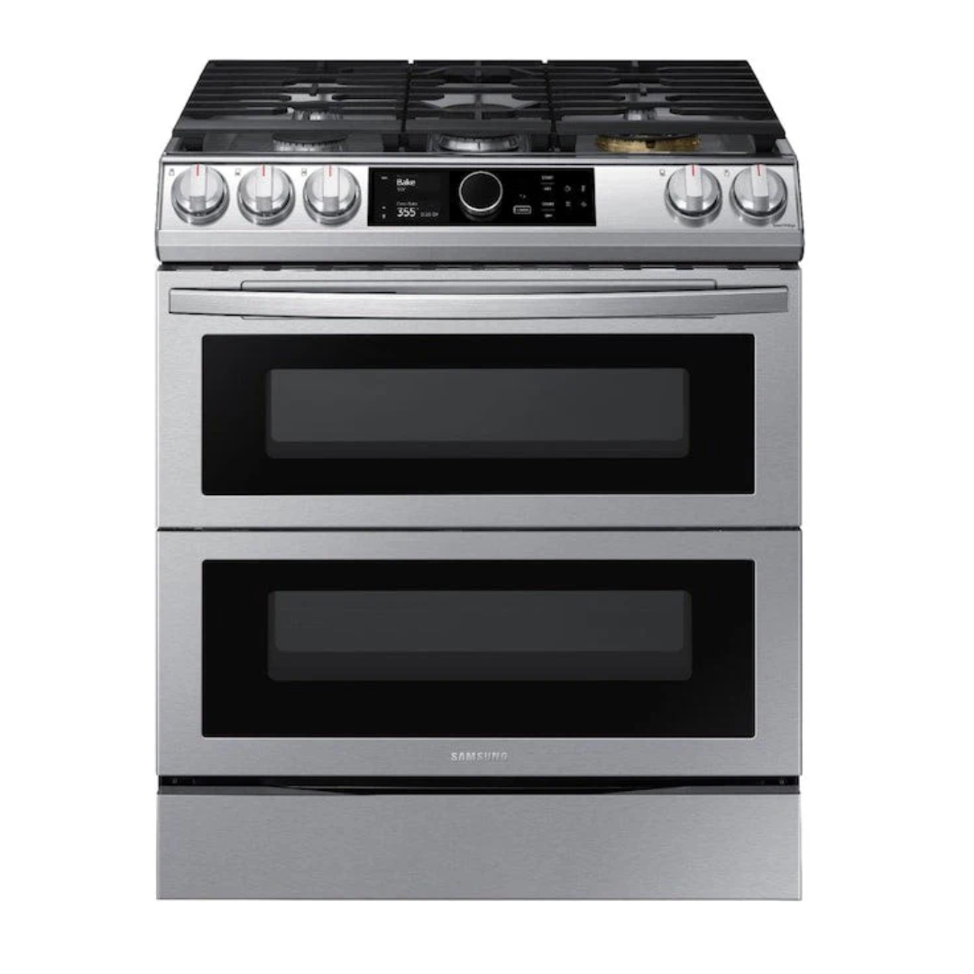 SAMSUNG 30 INCH SILVER SLIDE IN GAS RANGE DOUBLE DOOR 5 BURNERS AIR FRY/WIFI EMBEDDED/BAKE/BROIL/ROAST