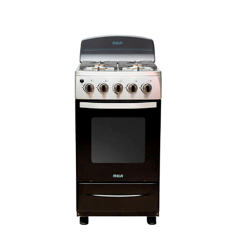 RCA 20" BLACK STAINLESS STEEL FREE STANDING GAS RANGE, CAST IRON GRATES, 4 BURNERS, GLASS OVER DOOR, GLASS LID