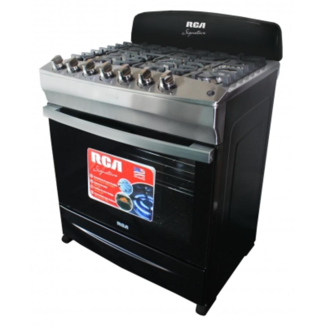 RCA 30" BLACK FREE STANDING GAS RANGE, CAST IRON GRATES, 6 BURNERS