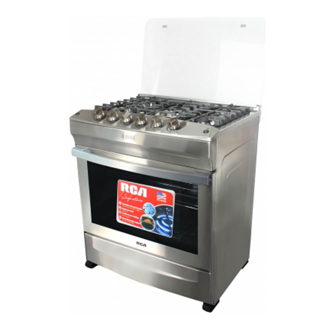 RCA STAINLESS STEEL 5 BURNER GAS RANGE WITH CAST IRON GRILLS, ROTISSERIE AND ELECTRIC IGNITION