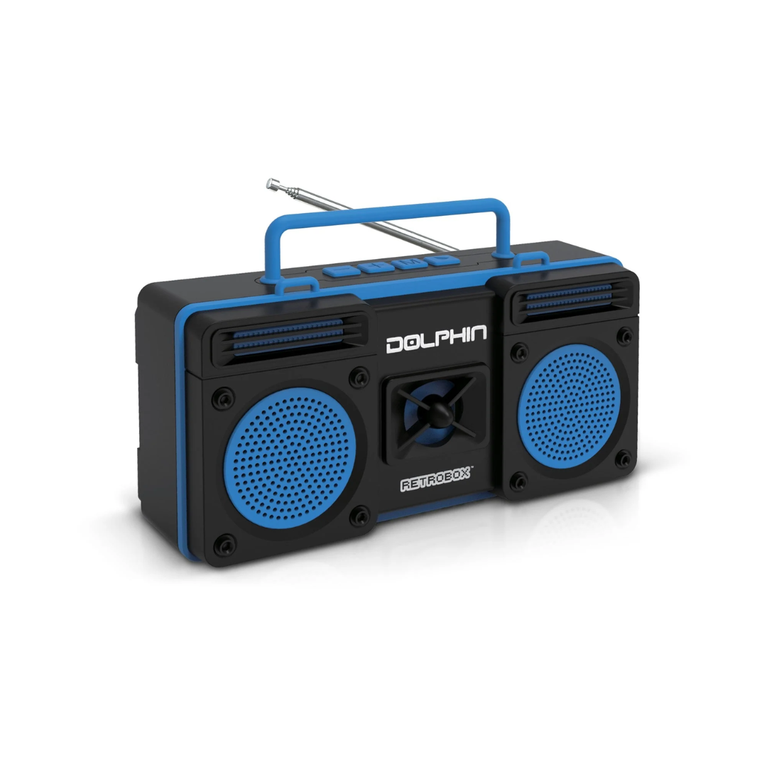 DOLPHIN PORTABLE RETROBOX FULL RANGE SPEAKER WITH BLUETOOTH, FM RADIO, USB, MICRO SD, AUX INPUT, USB CHARGING - BLUE