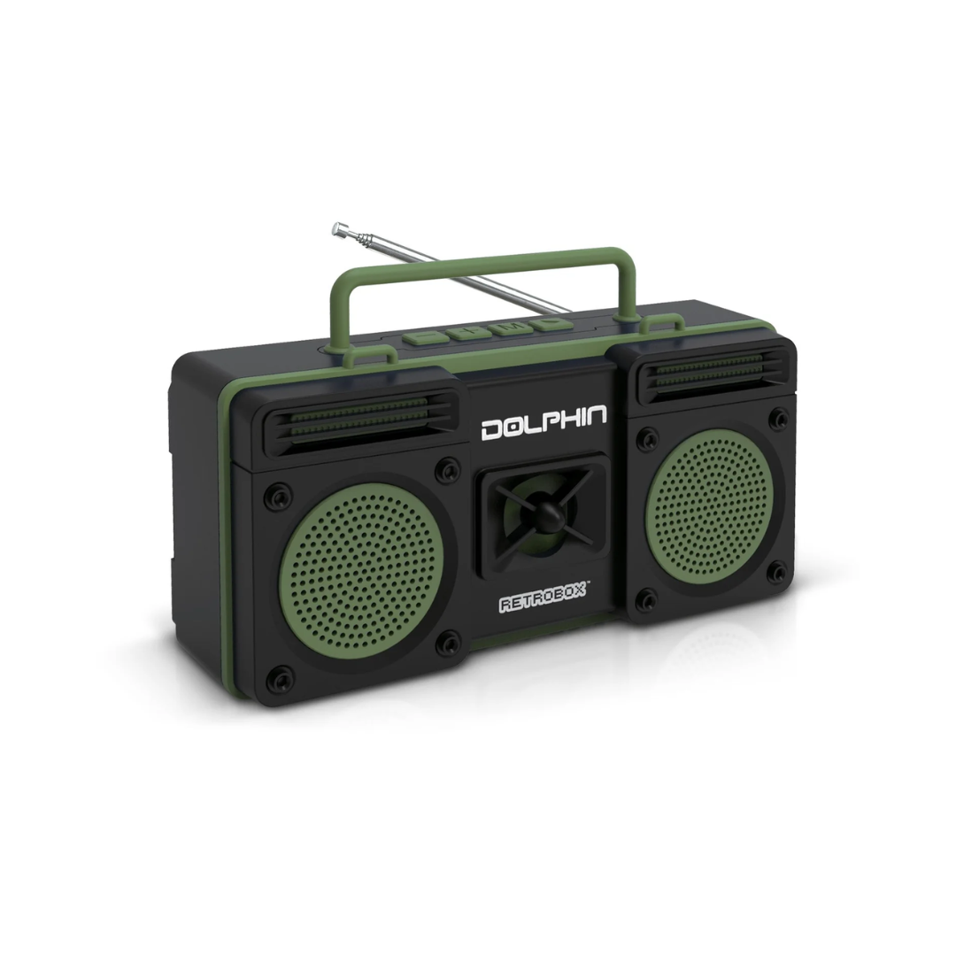 DOLPHIN PORTABLE RETROBOX FULL RANGE SPEAKER WITH BLUETOOTH, FM RADIO, USB, MICRO SD, AUX INPUT, USB CHARGING - GREEN