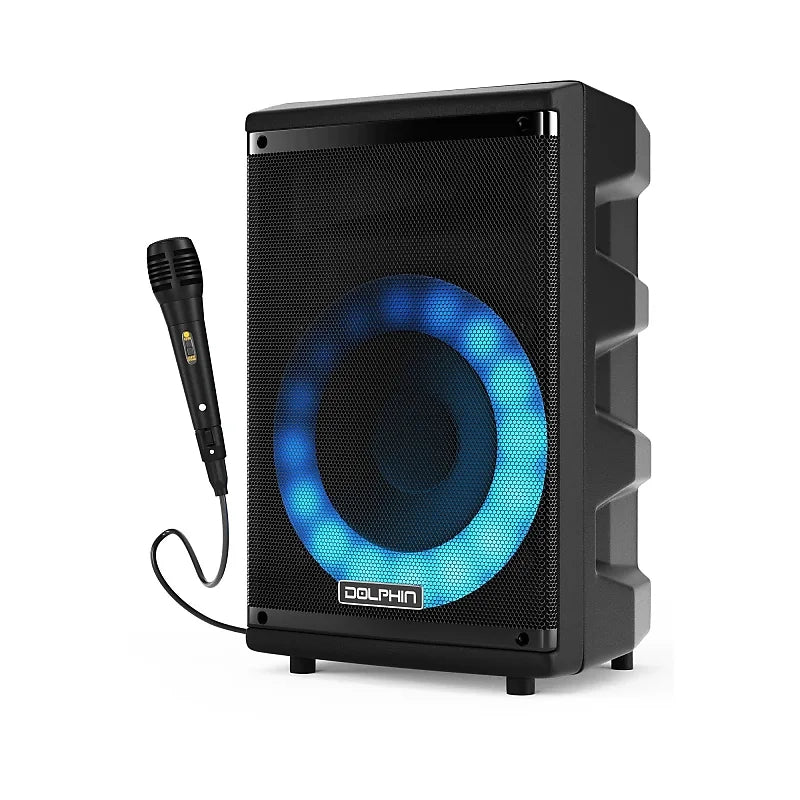 DOLPHIN PARTY SPEAKER 2100W PMPO, 8" WOOFER, BUILT IN 1800mAh BATTERY, DIGITAL EQ, WAVE SYNC, BLUETOOTH, FM RADIO, AUX, SOUND ACTIVATED LED RINGS, FOLDING HANDLE REMOTE & MIC INCLUDED