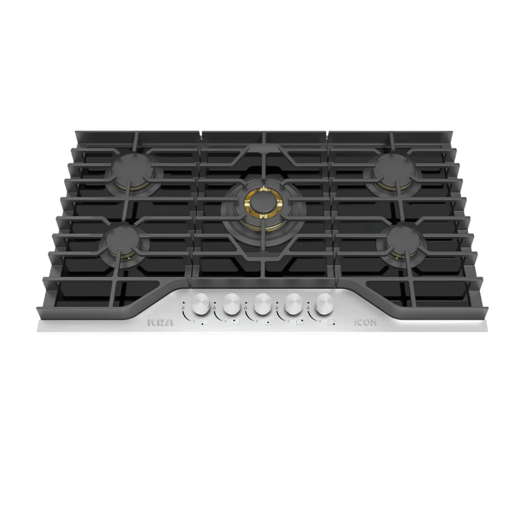 RCA ICON SERIES 36" BUILT IN GLASS COOKTOP, STAINLESS STEEL AND BLACK TEMPERED GLASS FINISH WITH CAST IRON GRATES