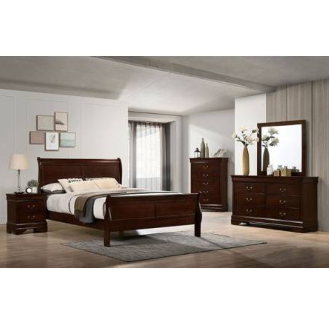 LOUIS PHILIPPE III QUEEN BED W/ DRESSER MIRROR AND NIGHTSTAND CHERRY