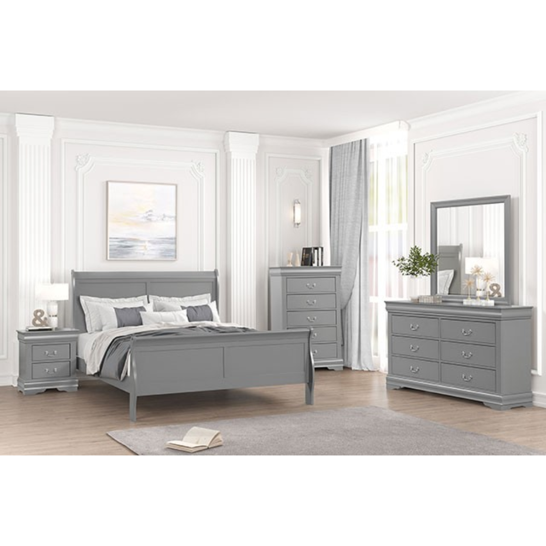 LOUIS PHILIPPE III QUEEN BED W/ DRESSER MIRROR AND NIGHTSTAND GREY.