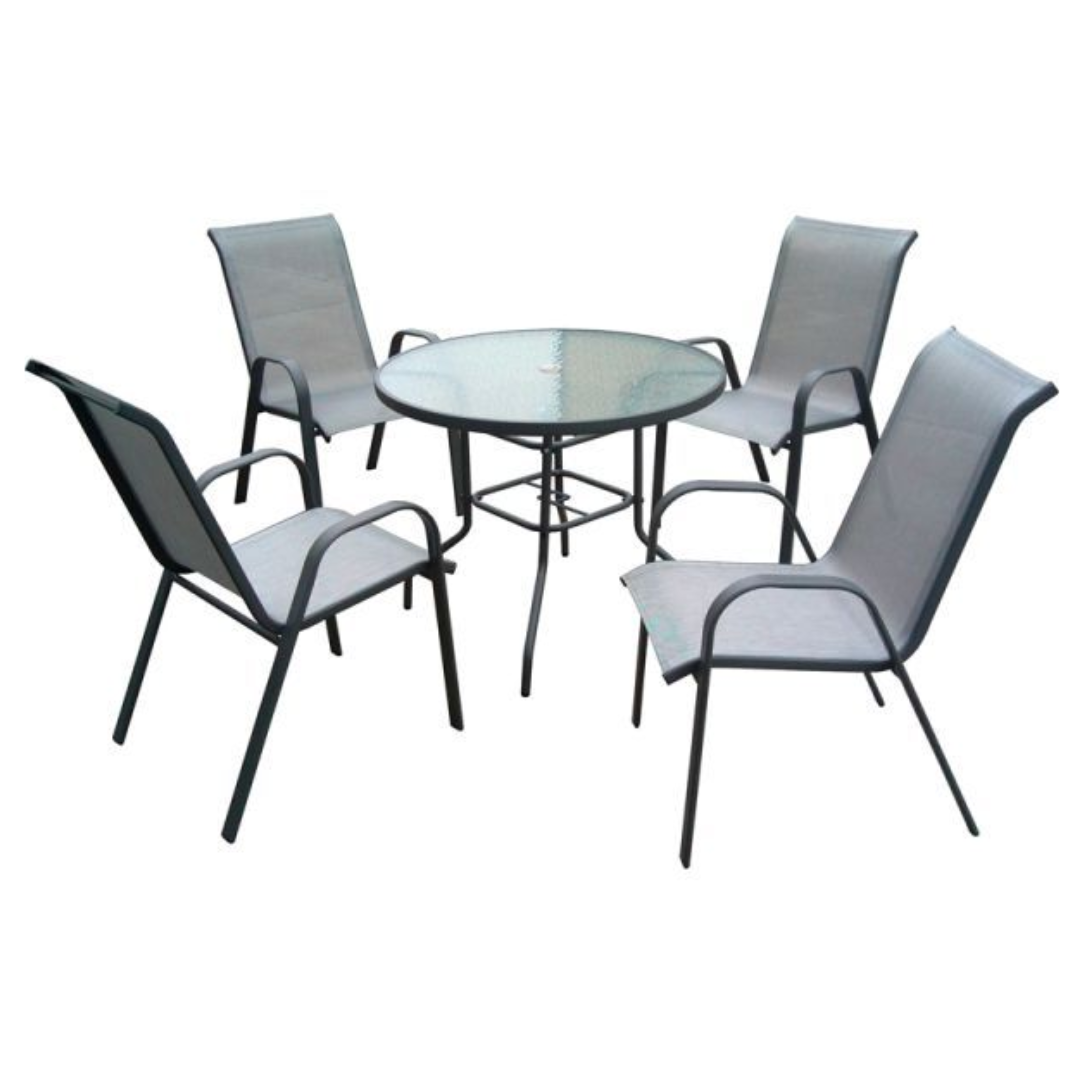 BERMUDA 5 PIECE GREY/ BROWN/ BLACK DINING PATIO SET GLASS TABLE ALIMINIUM FRAME CHAIRS TEXTILENE