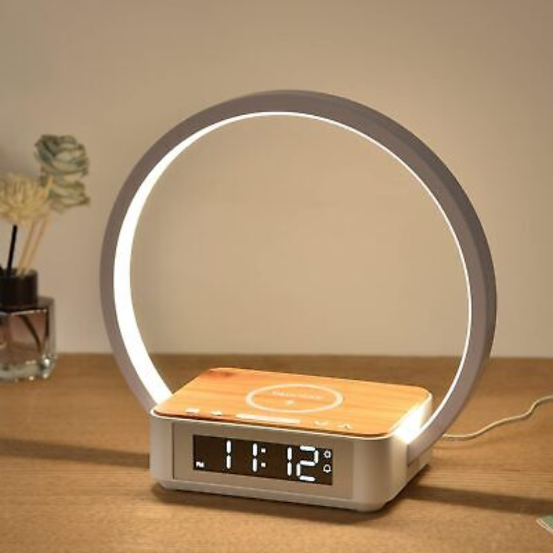 TABLE LAMP WITH WIRELESS CELL-PHONE CHARGING AND CLOCK