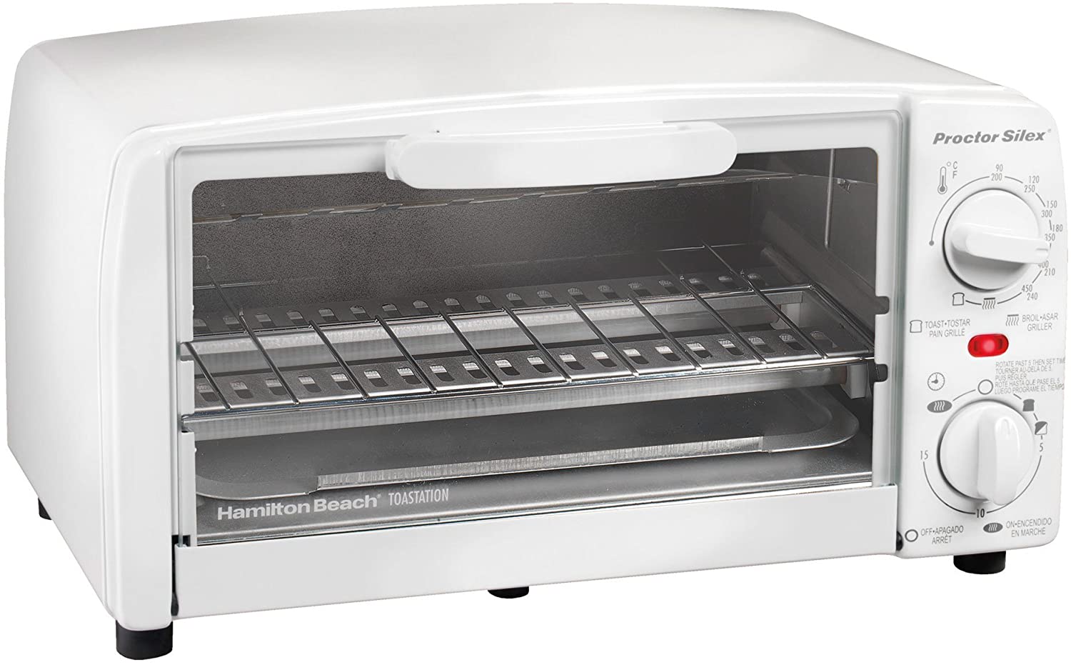 31260 Black and Silver Includes Backing Pan and Rack 1100 Watts 30 min timer and auto-shutoff Toast and Broiler Proctor-Silex 4 Slice Toaster Oven Multi-Function with Bake 