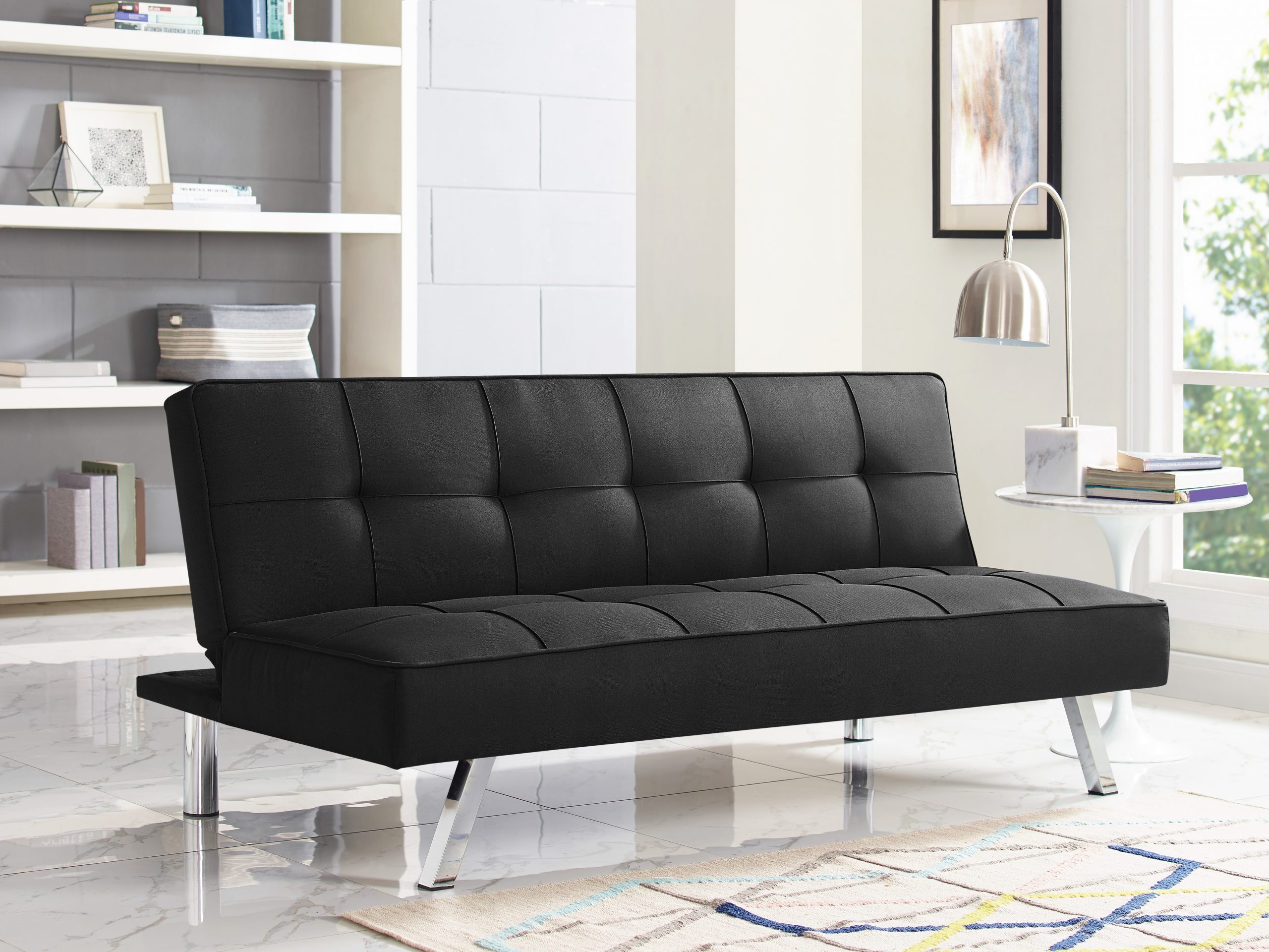 contrast piping tufted faux leather futon sofa bed