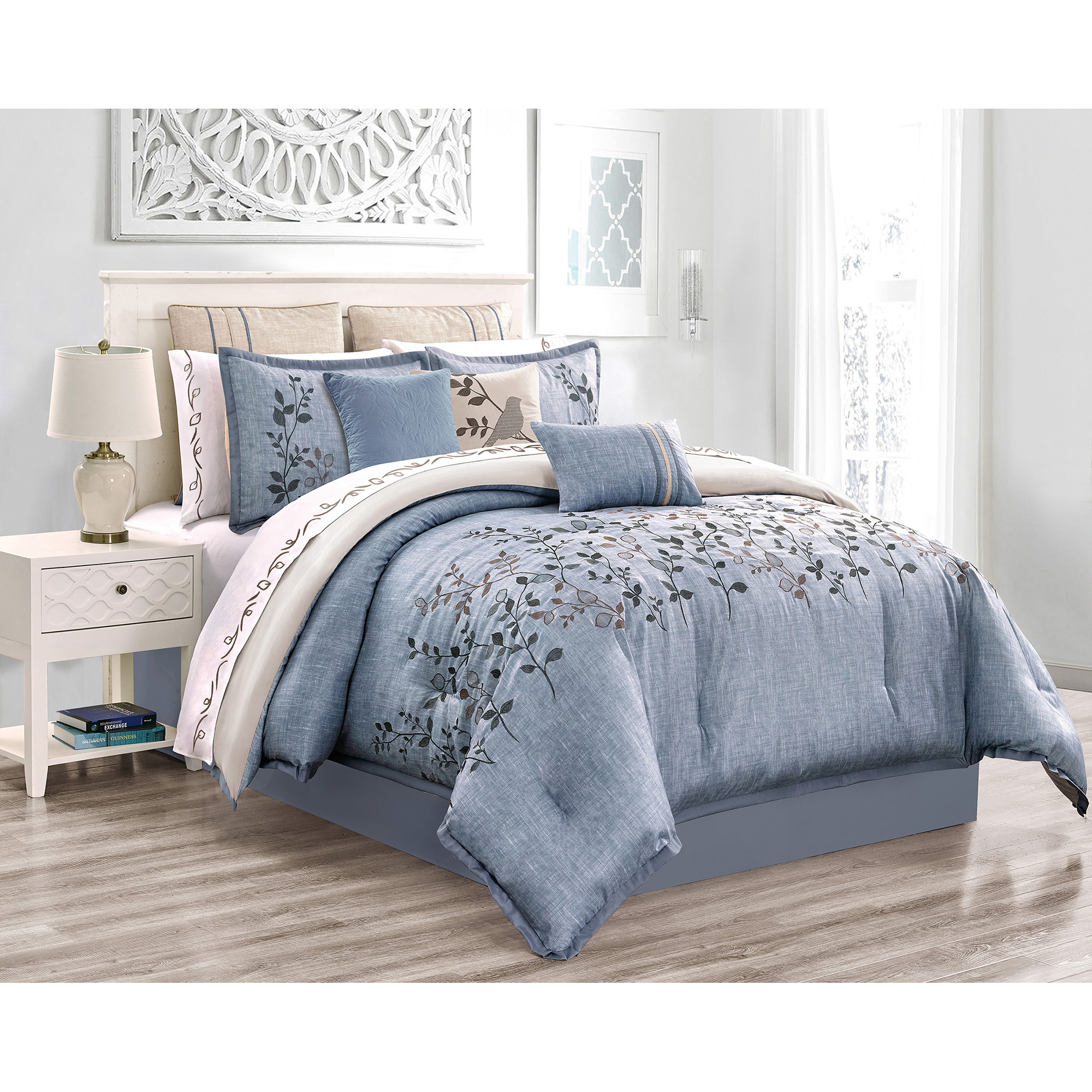 S019 ENYA QUEEN SIZE 7 PIECE COMFORTER/2 PILLOW SHAMS/1 BED SKIRT/ 1  BREAKFAST CUSHION/ 2 SQUARE CUSHIONS BLUE SET - Standard Distributors  Limited